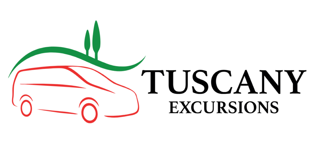 Logo Tuscany Excursions con silhouette di un van rosso e colline verdi con cipressi